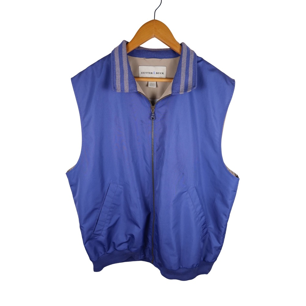 Cutter & Buck Mens Full Zip Golf Vest Blue Size L Striped Collar Sleeveless